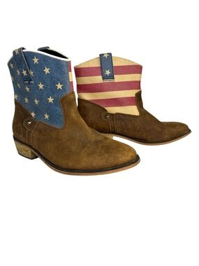 Sterling Silver American Flag Western Boots Brown Leather Size 8